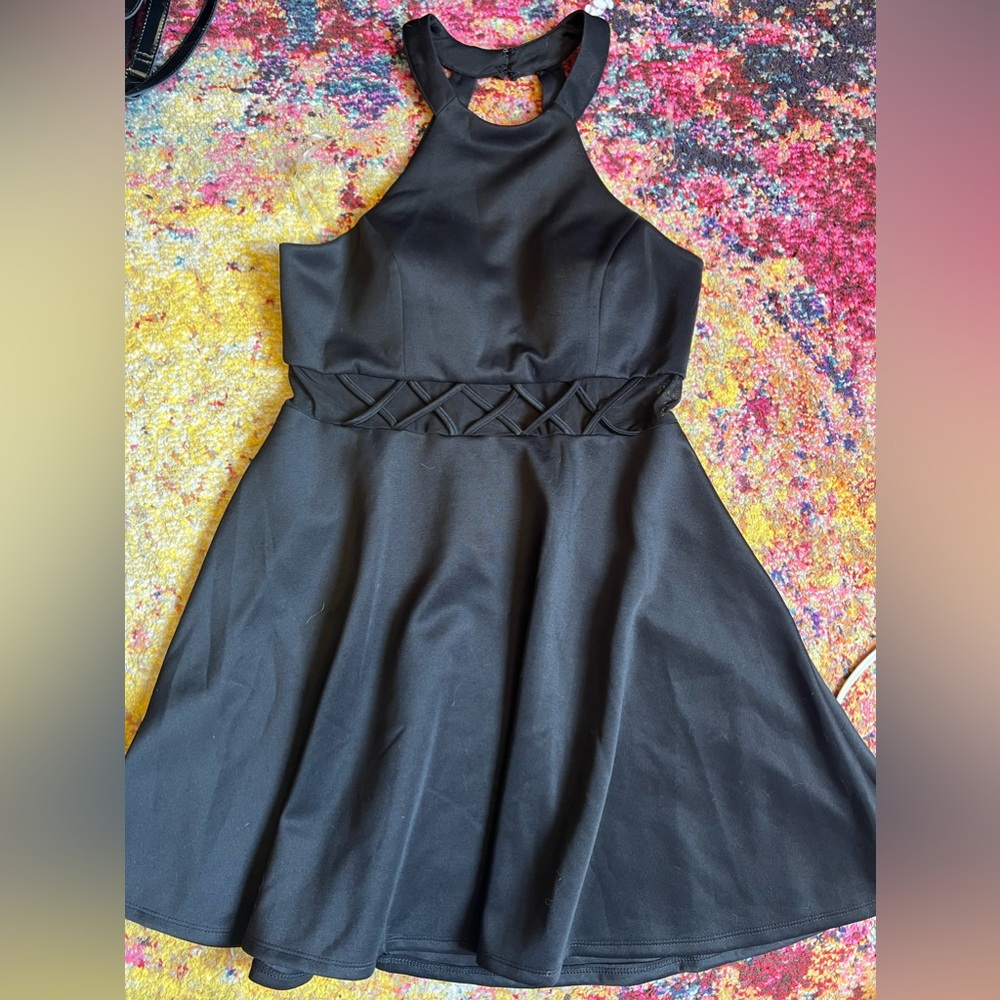 black halter dress with mesh see through mid section